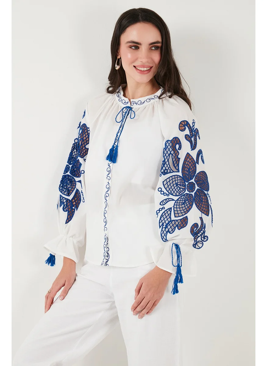 Lela Embroidered Oversize Fit Tied Judge Collar Shirt Women's Shirt 676206