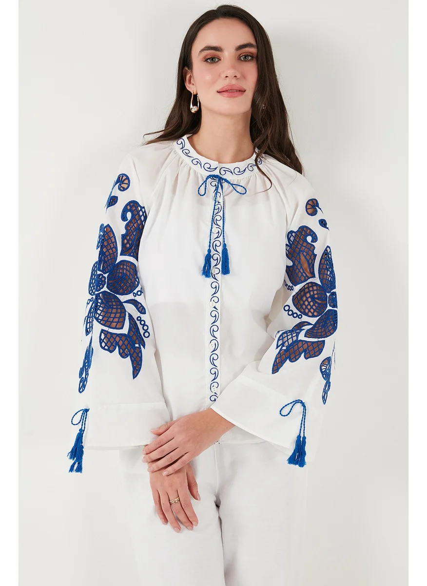 Lela Embroidered Oversize Fit Tied Judge Collar Shirt Women's Shirt 676206