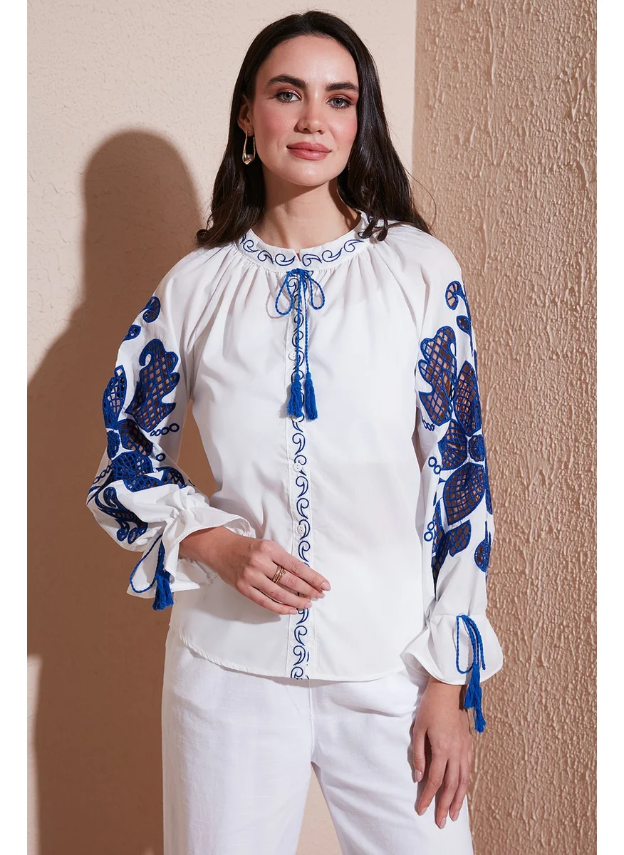 Lela Embroidered Oversize Fit Tied Judge Collar Shirt Women's Shirt 676206