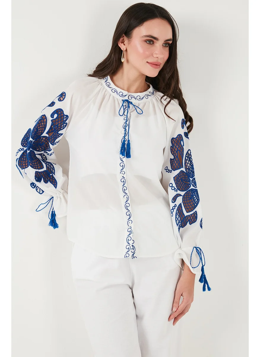 Lela Embroidered Oversize Fit Tied Judge Collar Shirt Women's Shirt 676206