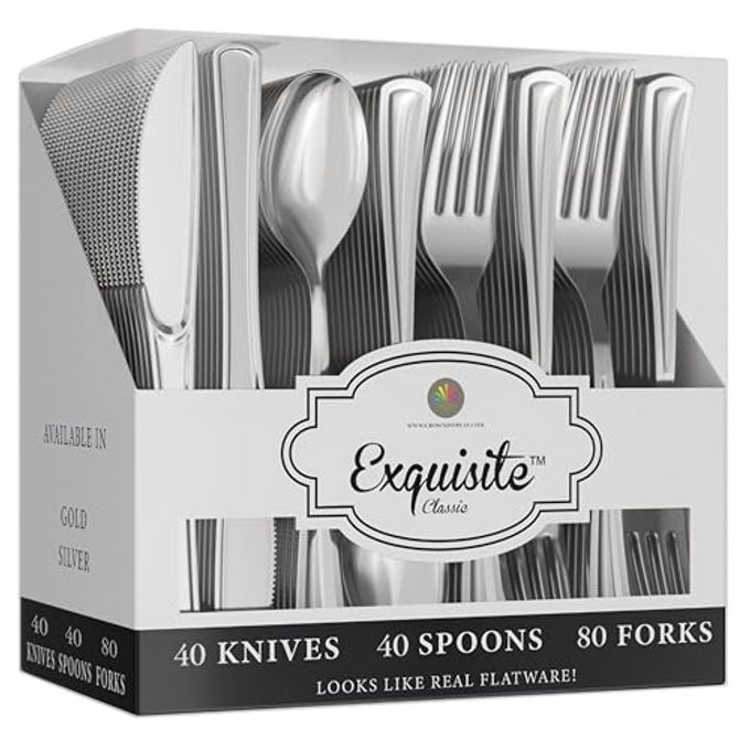 Exquisite Silver Plastic Silverware Heavy Duty 160 Pcs- 80 Silver Plastic Forks Heavy Duty, 40 Spoons & 40 Knives - Disposable Silverware Set, Flatware Sets Disposable Utensils For Catering & Parties