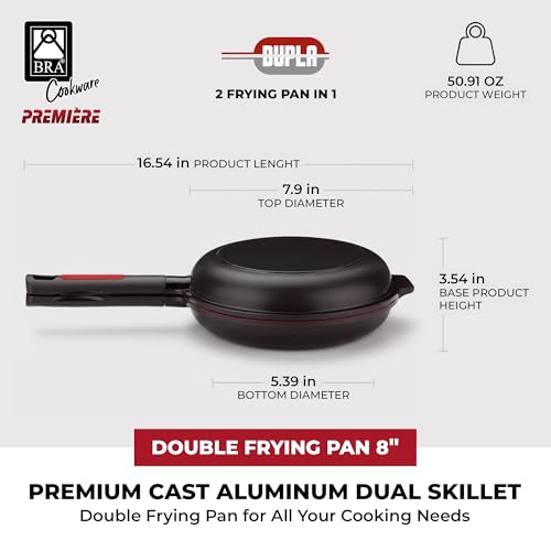 BRA COOKWARE Premiere Dual Skillet | 8 inches Double Frying Pan for Frittatas & Spanish Omelets | PFOA Free Triple Nonstick Coating | Full Induction Reversible Pan | Cast Aluminum Flip Skillet - Image 2