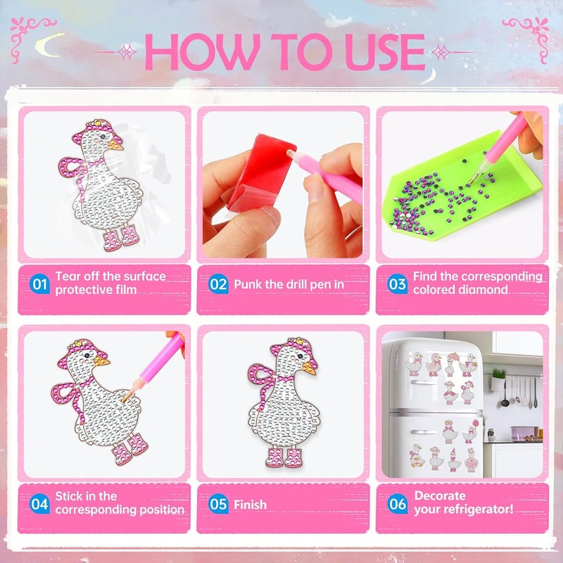 إنكوك مغناطيسات فنية ماسية على شكل أوزة للثلاجة - 12 قطعة DIY (افعلها بنفسك) ماسية بقوس وردي فراولة، مغناطيسات ثلاجة برسومات ماسية، حيوانات لطيفة، حرف يدوية من الأحجار الكريمة، ديكورات منزلية صيفية، هدية عيد ميلاد للفتيات والكبار والمبتدئين - Image 4