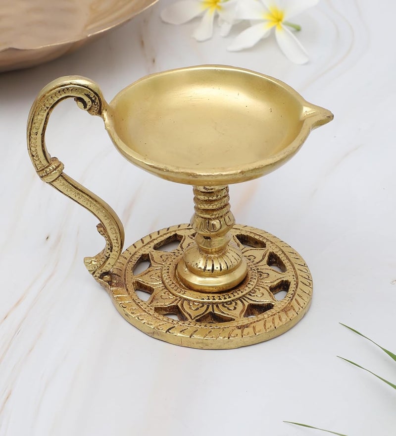 Two Moustaches 4 Inches Brass Aarti Diya with Handle Brass Pooja Deepak for Temple Diyas for Diwali Brass Diya for Puja Antique Yellow Pack of 1 - Image 2