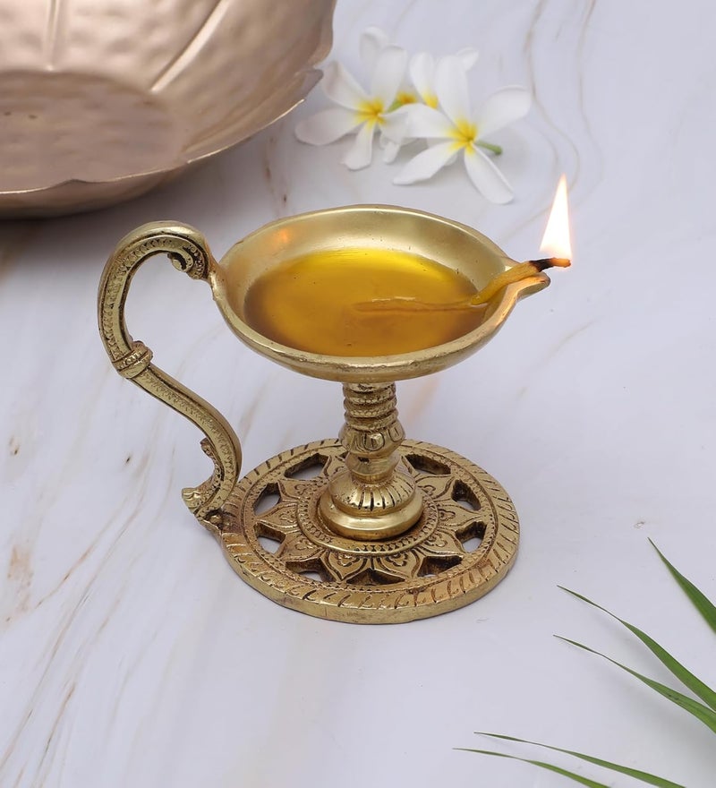 Two Moustaches 4 Inches Brass Aarti Diya with Handle Brass Pooja Deepak for Temple Diyas for Diwali Brass Diya for Puja Antique Yellow Pack of 1 - Image 3