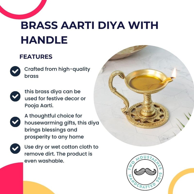 Two Moustaches 4 Inches Brass Aarti Diya with Handle Brass Pooja Deepak for Temple Diyas for Diwali Brass Diya for Puja Antique Yellow Pack of 1 - Image 5