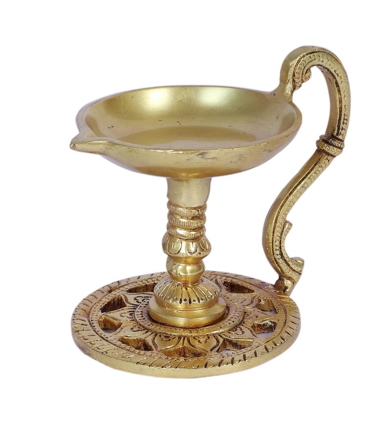 Two Moustaches 4 Inches Brass Aarti Diya with Handle Brass Pooja Deepak for Temple Diyas for Diwali Brass Diya for Puja Antique Yellow Pack of 1 - Image 1