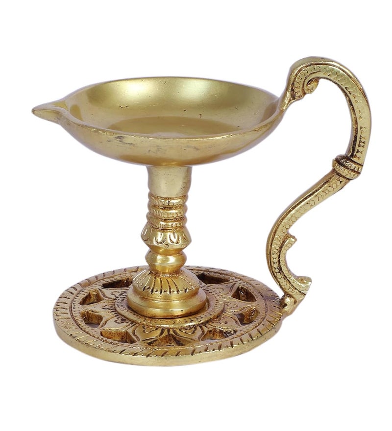 Two Moustaches 4 Inches Brass Aarti Diya with Handle Brass Pooja Deepak for Temple Diyas for Diwali Brass Diya for Puja Antique Yellow Pack of 1 - Image 4