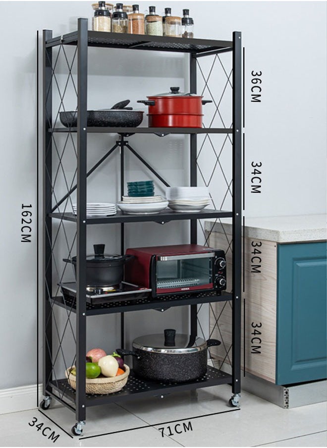 Foldable Floor Standing Storage Rack Bracket with Casters Metal Rack Display Rack Storage Rack Bookshelf Suitable for Garage Kitchen Home Closet Office No Assembly Required 162x71x34cm