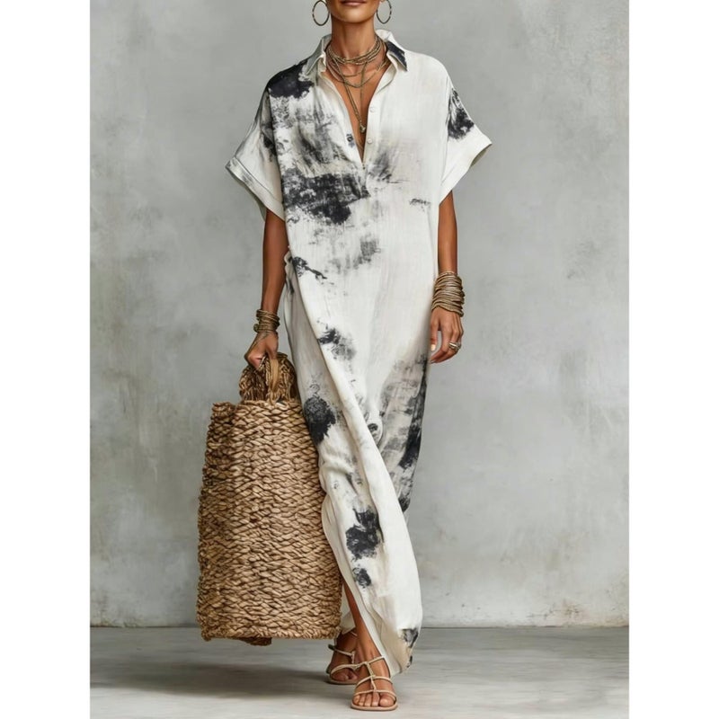 New Style Printed V-Neck Loose Robe Elegant Women's Kaftan Dress