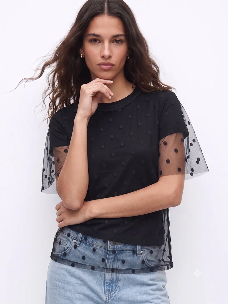 Outzidr  Black Twofer Styled Polka Dotted Tulle With Solid T-Shirt for Women | Best Price UAE