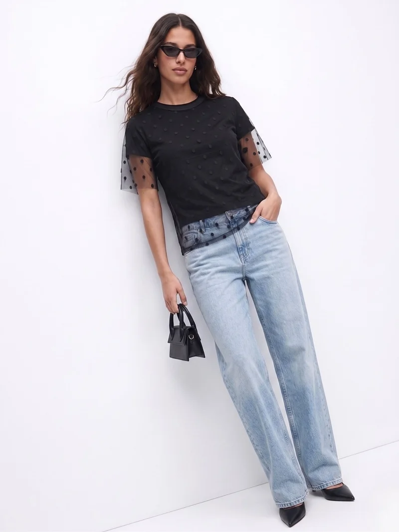 Outzidr  Black Twofer Styled Polka Dotted Tulle With Solid T-Shirt for Women | Best Price UAE