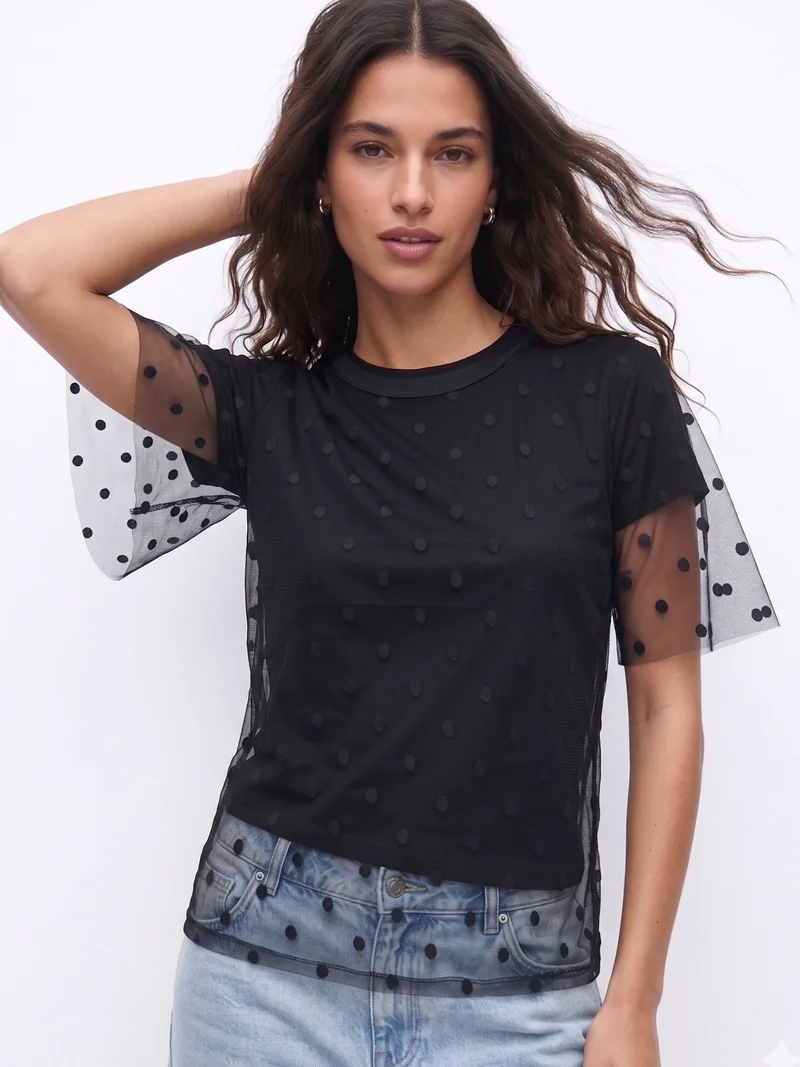 أوجيدر Black Twofer Styled Polka Dotted Tulle With Solid T-Shirt