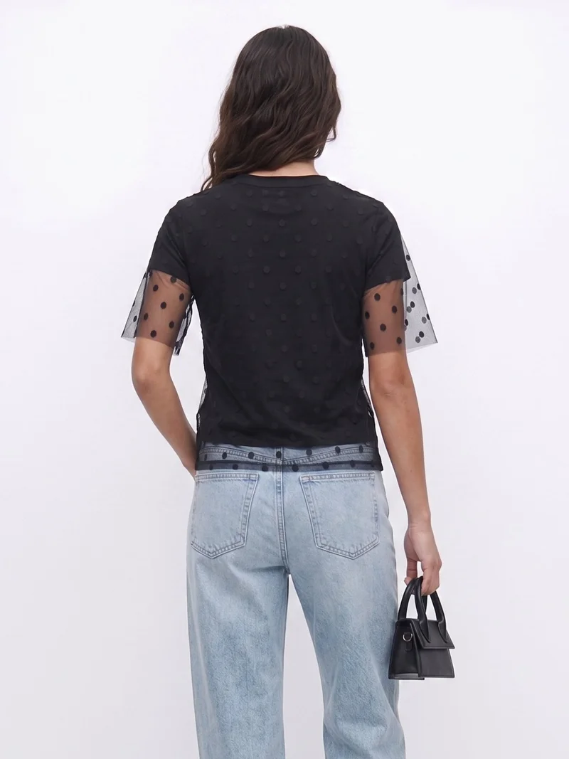 Outzidr  Black Twofer Styled Polka Dotted Tulle With Solid T-Shirt for Women | Best Price UAE