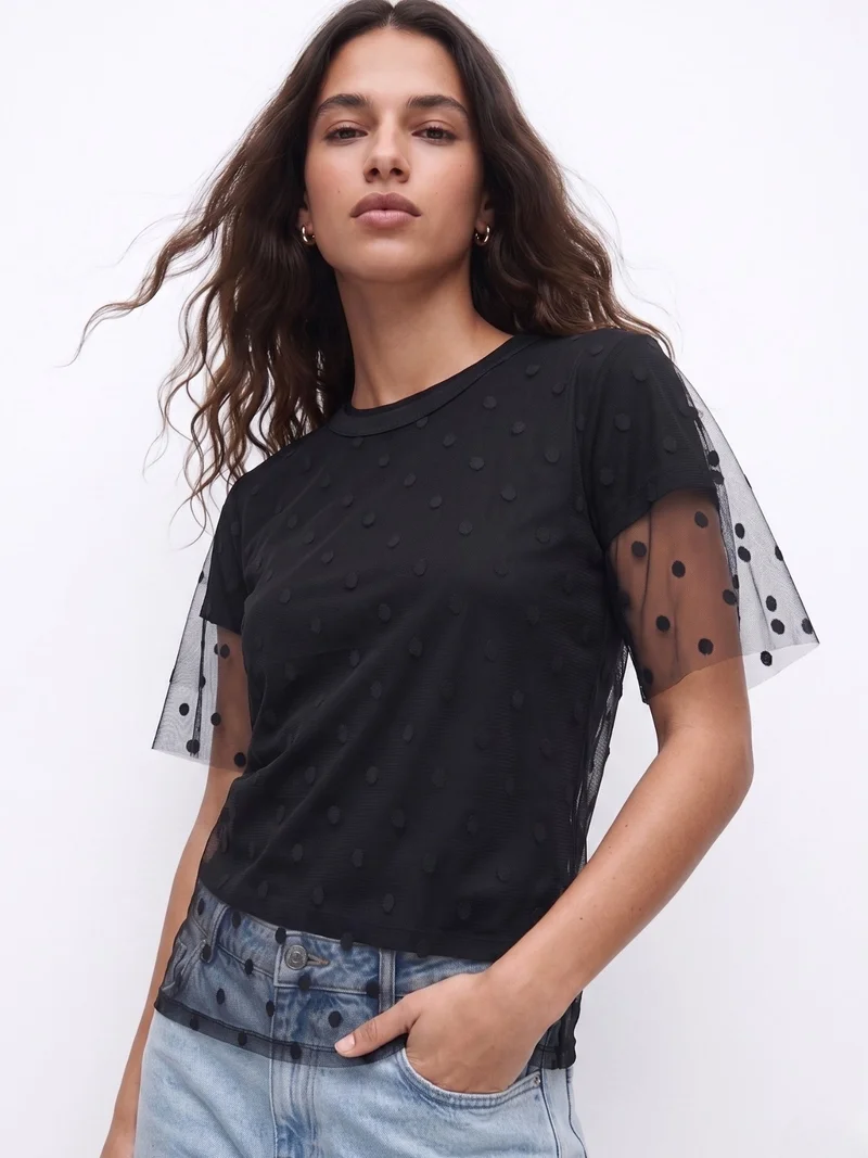أوجيدر Black Twofer Styled Polka Dotted Tulle With Solid T-Shirt
