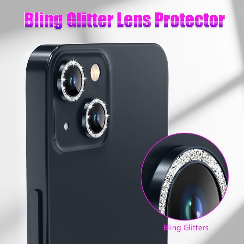 AGVEE 3+3 6 Pack for iPhone 13 6.1" / 13 Mini 5.4" Camera Lens Protector, Bling Diamond & Bling Glitter Metal Ring 9H Tempered HD Glass Camera Cover Film, Bling-Black - Image 5