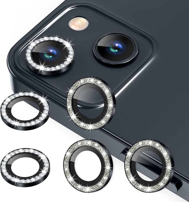 AGVEE 3+3 6 Pack for iPhone 13 6.1" / 13 Mini 5.4" Camera Lens Protector, Bling Diamond & Bling Glitter Metal Ring 9H Tempered HD Glass Camera Cover Film, Bling-Black - Image 1