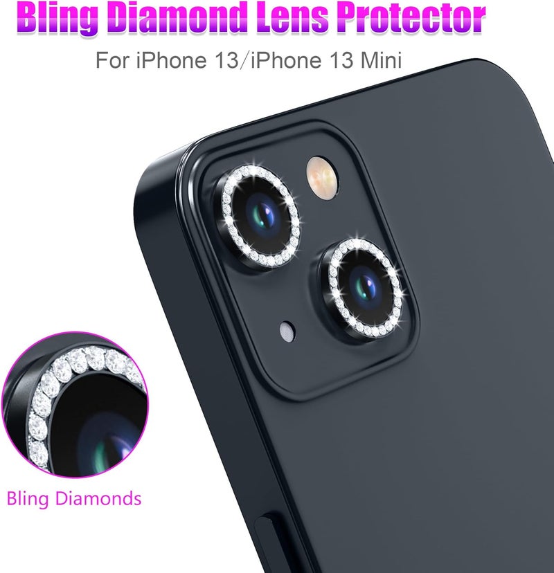 AGVEE 3+3 6 Pack for iPhone 13 6.1" / 13 Mini 5.4" Camera Lens Protector, Bling Diamond & Bling Glitter Metal Ring 9H Tempered HD Glass Camera Cover Film, Bling-Black - Image 4