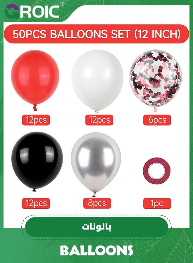 GROIC 50Pcs Red and Black Latex Balloons,12 Inches Silver White Confetti Balloons Kit,Party with Ribbons for Birthday, Wedding, Baby Shower, Graduation Decorations - Image 2