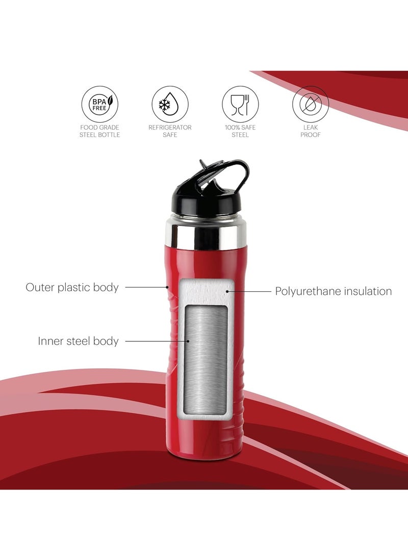 Cello - PURO STEEL X GLAD 800ml Insulated Bottle, 100% Food Grade, BPA Free, 18/8 Stainless Steel, Red - Image 1