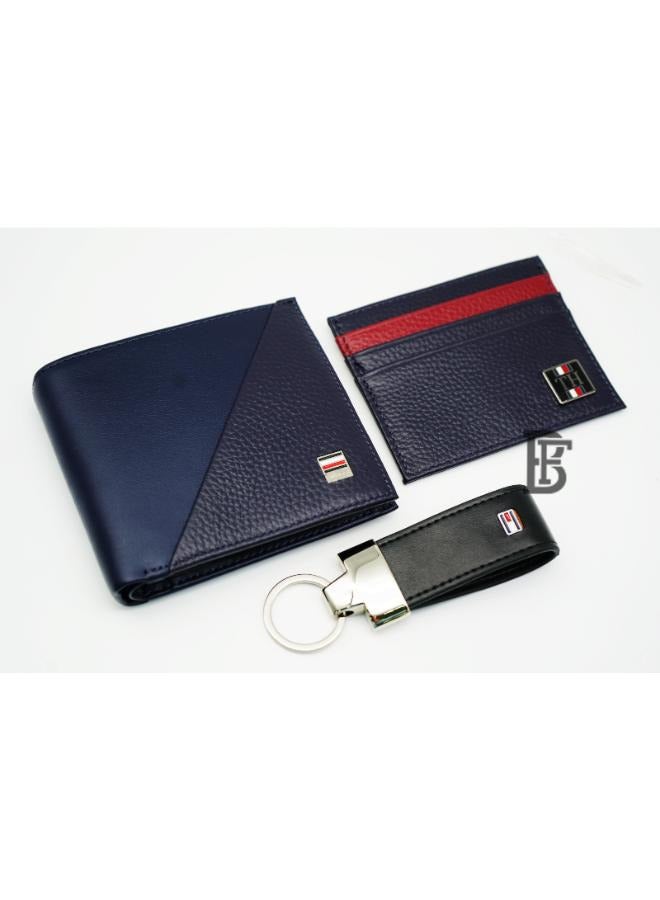 تومي هيلفيغر بلس مجموعة هدايا جلدية للرجال من Tommy Hilfiger Salto مكونة من محفظة + حافظة بطاقات + قاعدة مفتاح - أزرق/أزرق+أزرق/أسود  - Image 2
