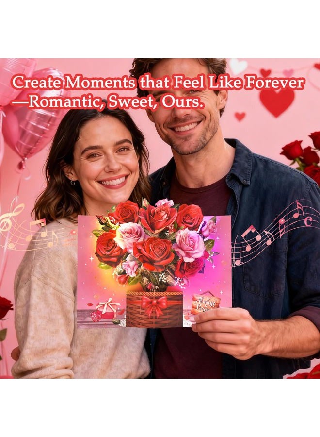 Venhoo Pop Up Valentines Day Card, 3D Musical Rose Flower Anniversary Cards with Lights, Romantic Popup Love Greeting Card for Her Him Couples Wife Girlfriend Husband Boyfriend - Image 5