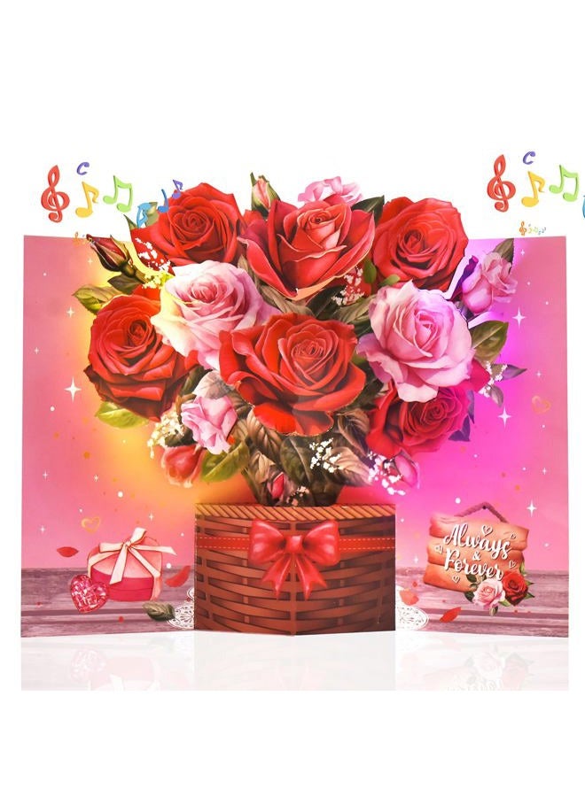 Venhoo Pop Up Valentines Day Card, 3D Musical Rose Flower Anniversary Cards with Lights, Romantic Popup Love Greeting Card for Her Him Couples Wife Girlfriend Husband Boyfriend - Image 1