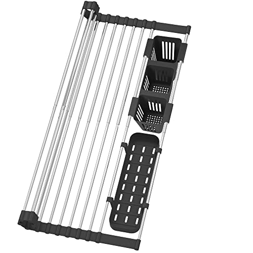 BBXTYLY Black Expandable Roll Up Dish Drying Rack Up to 22.8''with 2 Storage Baskets,Over The Sink Kitchen Rolling up Dish Drainer Drying Rack , Foldable,Rollable,for Kitchen Dishes(Expandable Width Size) - Image 1