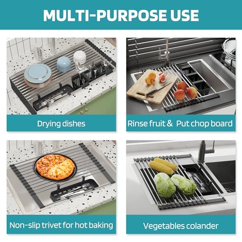 BBXTYLY Black Expandable Roll Up Dish Drying Rack Up to 22.8''with 2 Storage Baskets,Over The Sink Kitchen Rolling up Dish Drainer Drying Rack , Foldable,Rollable,for Kitchen Dishes(Expandable Width Size) - Image 5