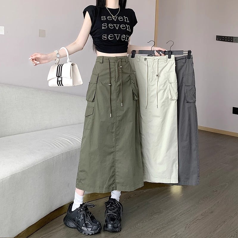 Cross-border Foreign Trade American Retro Split Workwear Skirt Womens Summer New Mid-length High Waist Drawstring Dress Army Green - Image 3