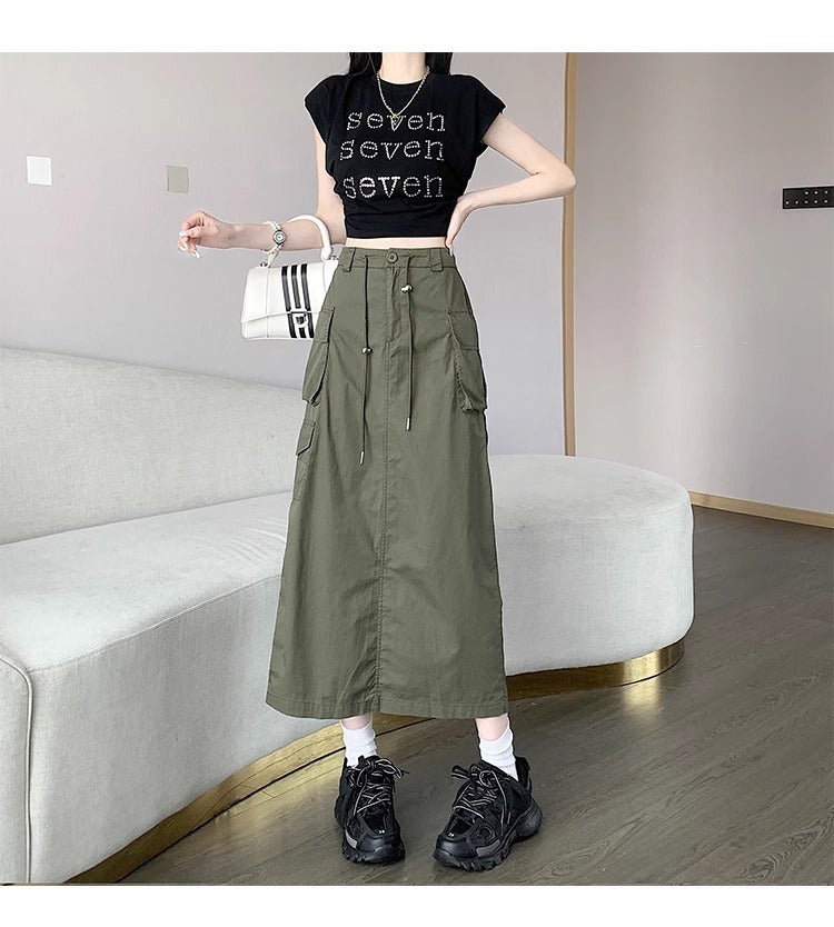 Cross-border Foreign Trade American Retro Split Workwear Skirt Womens Summer New Mid-length High Waist Drawstring Dress Army Green - Image 1