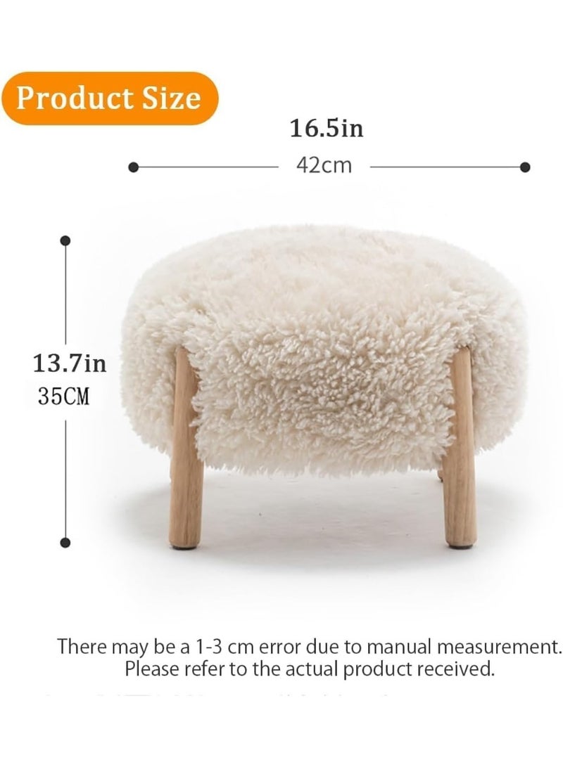 Round Pouf Ottoman for Armchair Small Teddy Stool with Wooden Feet Cushioned Footrest for Living Room and Bedroom (Beige) - Image 2