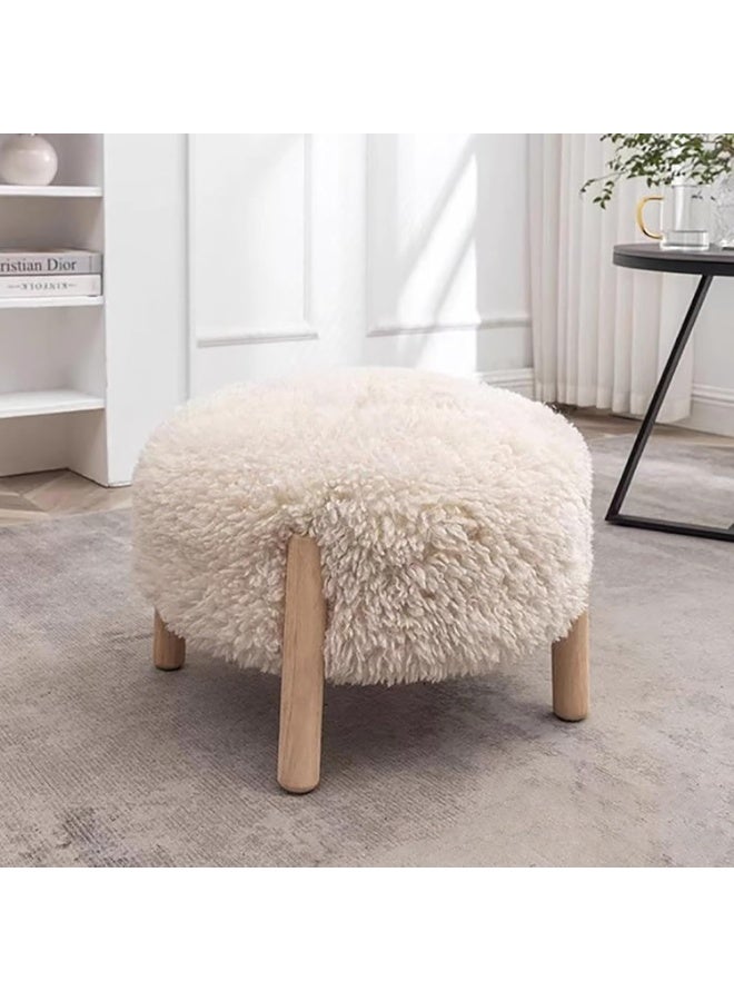 Round Pouf Ottoman for Armchair Small Teddy Stool with Wooden Feet Cushioned Footrest for Living Room and Bedroom (Beige) - Image 1