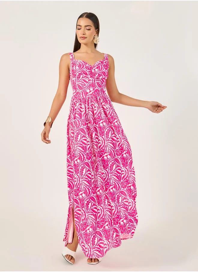 ستايلي Styli All Over Print Sleeveless A-Line Maxi Dress with Smocked Back