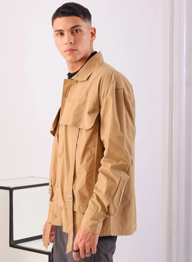 The Indian Garage Co Men Boxy Fit Solid Full Sleeves Cutaway Collar Double Flap Pocket Street Wear Shirt