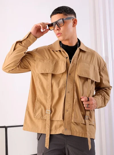 The Indian Garage Co Men Boxy Fit Solid Full Sleeves Cutaway Collar Double Flap Pocket Street Wear Shirt
