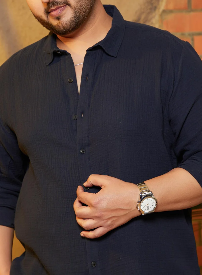 Instafab Plus  Instafab Plus Men's Prussian Blue Breezy-Weave Shirt For Casual Wear | Spread Collar | Long Cuffed Sleeves | Button Closure | Plus Size Shirt Crafted With Comfort Fit For Everyday Wear for Men | Best Price UAE