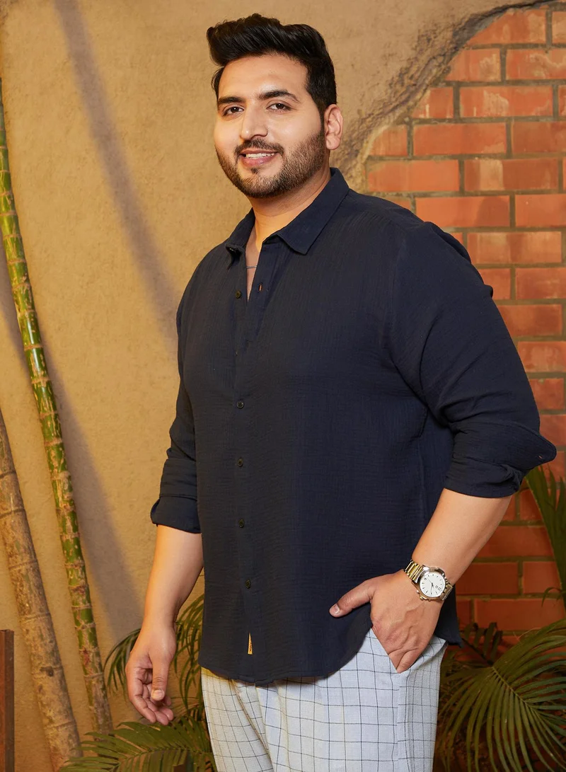 Instafab Plus  Instafab Plus Men's Prussian Blue Breezy-Weave Shirt For Casual Wear | Spread Collar | Long Cuffed Sleeves | Button Closure | Plus Size Shirt Crafted With Comfort Fit For Everyday Wear for Men | Best Price UAE