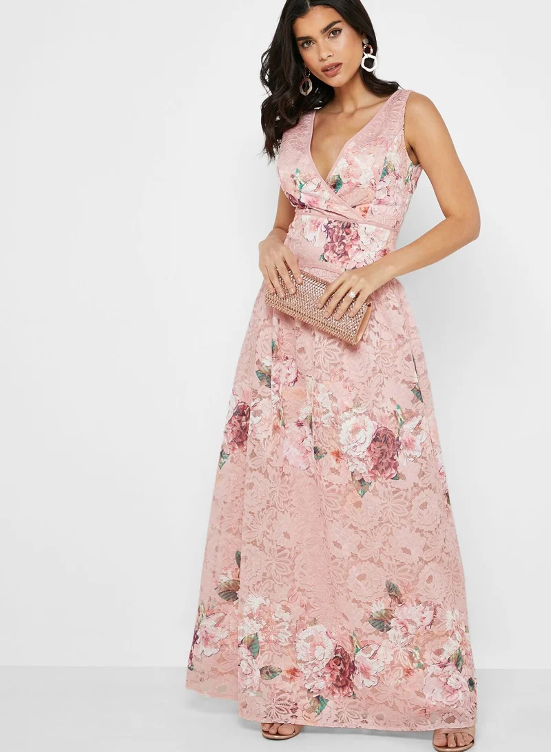 Little Mistress Floral Print Lace Plunge Dress