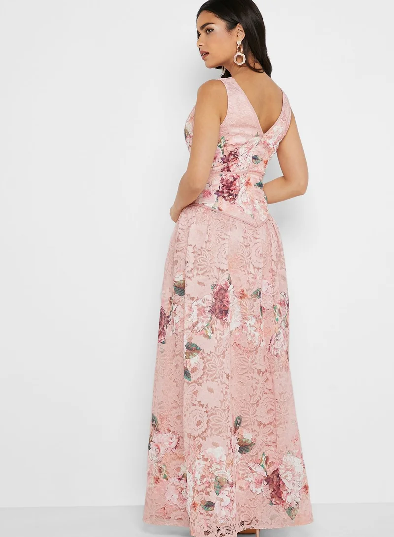 Little Mistress Floral Print Lace Plunge Dress