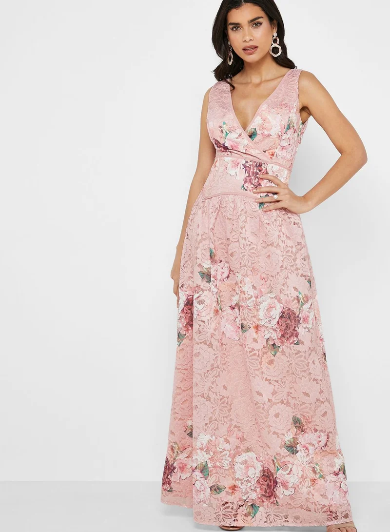 Little Mistress Floral Print Lace Plunge Dress