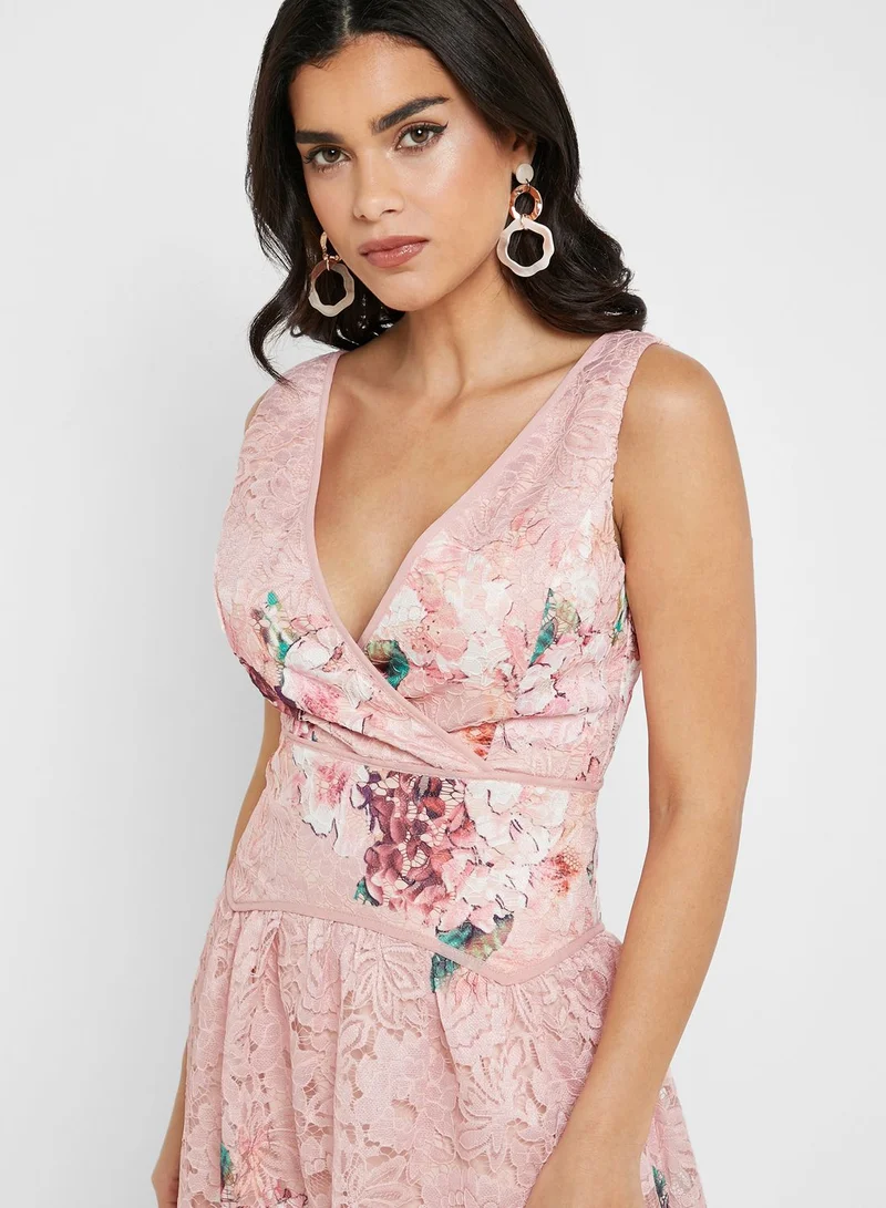 Little Mistress Floral Print Lace Plunge Dress