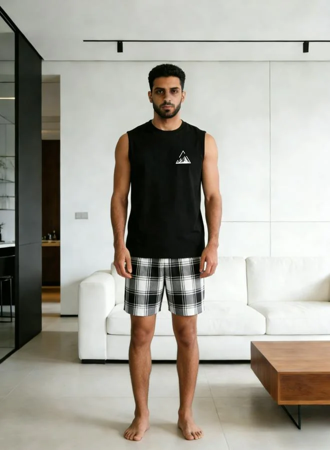 Take Two Men Printed Round Neck Tank and Checked Shorts Set