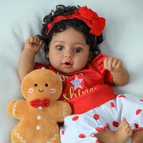 SCOM Reborn Baby Dolls Black Girl 20 Inch African American Baby Dolls Lifelike Soft Body Realistic with Open Eyes Red Suit Newborn Dolls Real Life Dolls Gift for Kids Age 3 - Image 5