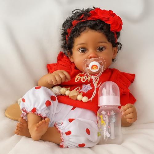 SCOM Reborn Baby Dolls Black Girl 20 Inch African American Baby Dolls Lifelike Soft Body Realistic with Open Eyes Red Suit Newborn Dolls Real Life Dolls Gift for Kids Age 3 - Image 1