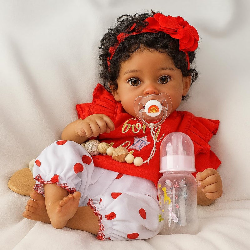 SCOM Reborn Baby Dolls Black Girl 20 Inch African American Baby Dolls Lifelike Soft Body Realistic with Open Eyes Red Suit Newborn Dolls Real Life Dolls Gift for Kids Age 3 - Image 3