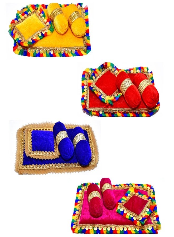 SAMRUDDHI Home Decor Laddu Bal Gopal Thakurji Bedding Set Pack of 4 Krishna ji Bister | Ladoo Gopal Aasan - Cotton/Velvet Material (Design 1) (Handcraft Aasan, Head & 2 Side Pillow Set) - Image 1