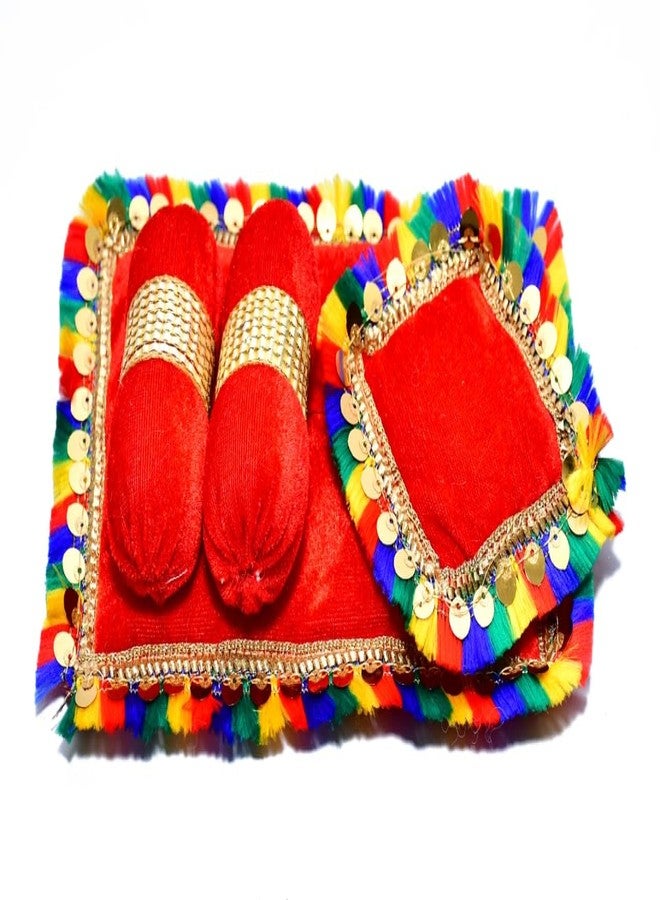 SAMRUDDHI Home Decor Laddu Bal Gopal Thakurji Bedding Set Pack of 4 Krishna ji Bister | Ladoo Gopal Aasan - Cotton/Velvet Material (Design 1) (Handcraft Aasan, Head & 2 Side Pillow Set) - Image 3