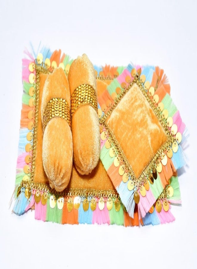 SAMRUDDHI Home Decor Laddu Bal Gopal Thakurji Bedding Set Pack of 4 Krishna ji Bister | Ladoo Gopal Aasan - Cotton/Velvet Material (Design 1) (Handcraft Aasan, Head & 2 Side Pillow Set) - Image 2
