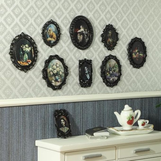 112 SCALE ACCESSORIES OF TINY FRAMES 7PCS WITH 14 MINIATURE PICTURES SET FOR DOLLHOUSE MINIATURES DCOR ALSO ELF ACCESSORIES CLASSIC EXQUISITE BLACK TINY FRAME ART